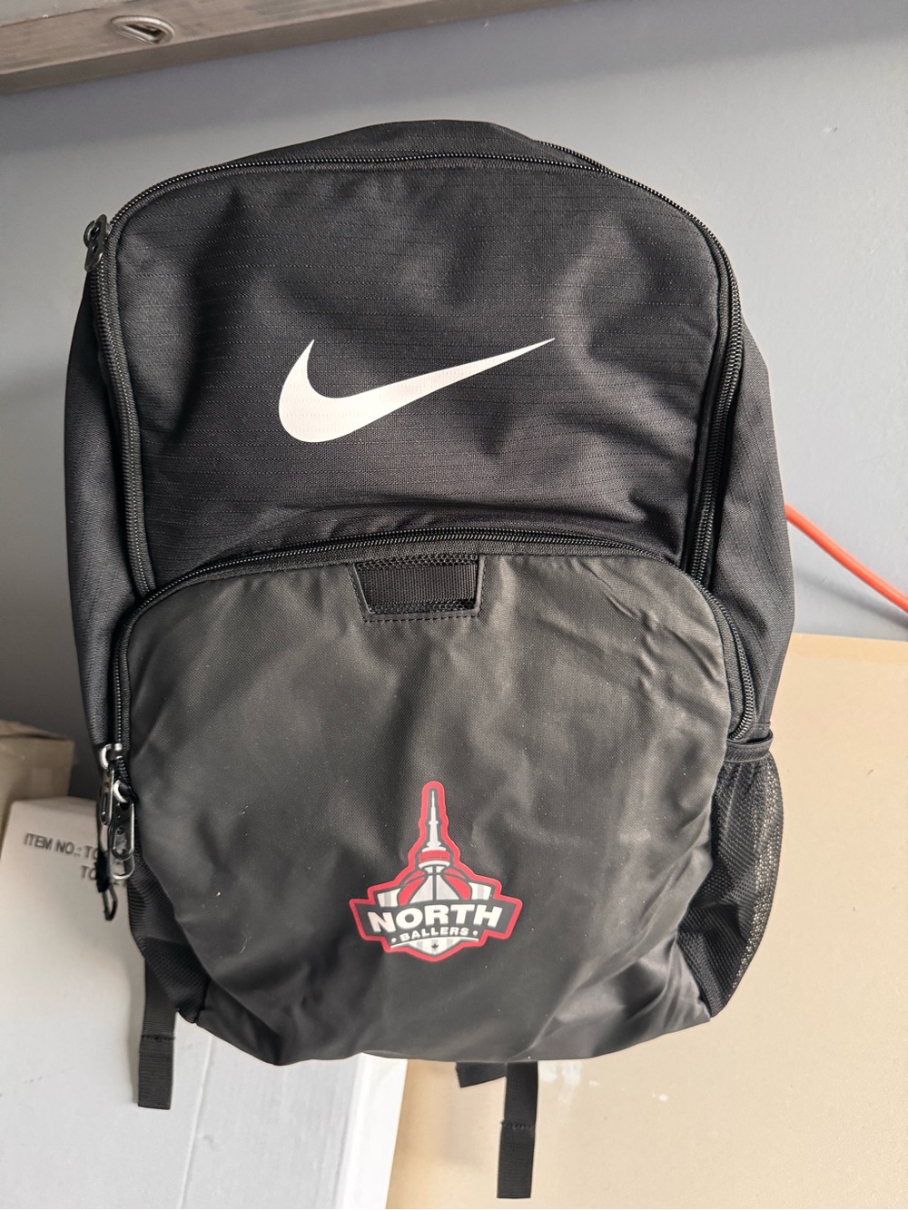 Nike Black Backpack with White Swoosh and Red North Ballers Patch